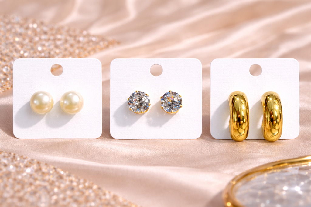 3-in-1 Classic Earring Set – Pearl Studs, Zircon Studs & Gold Hoops