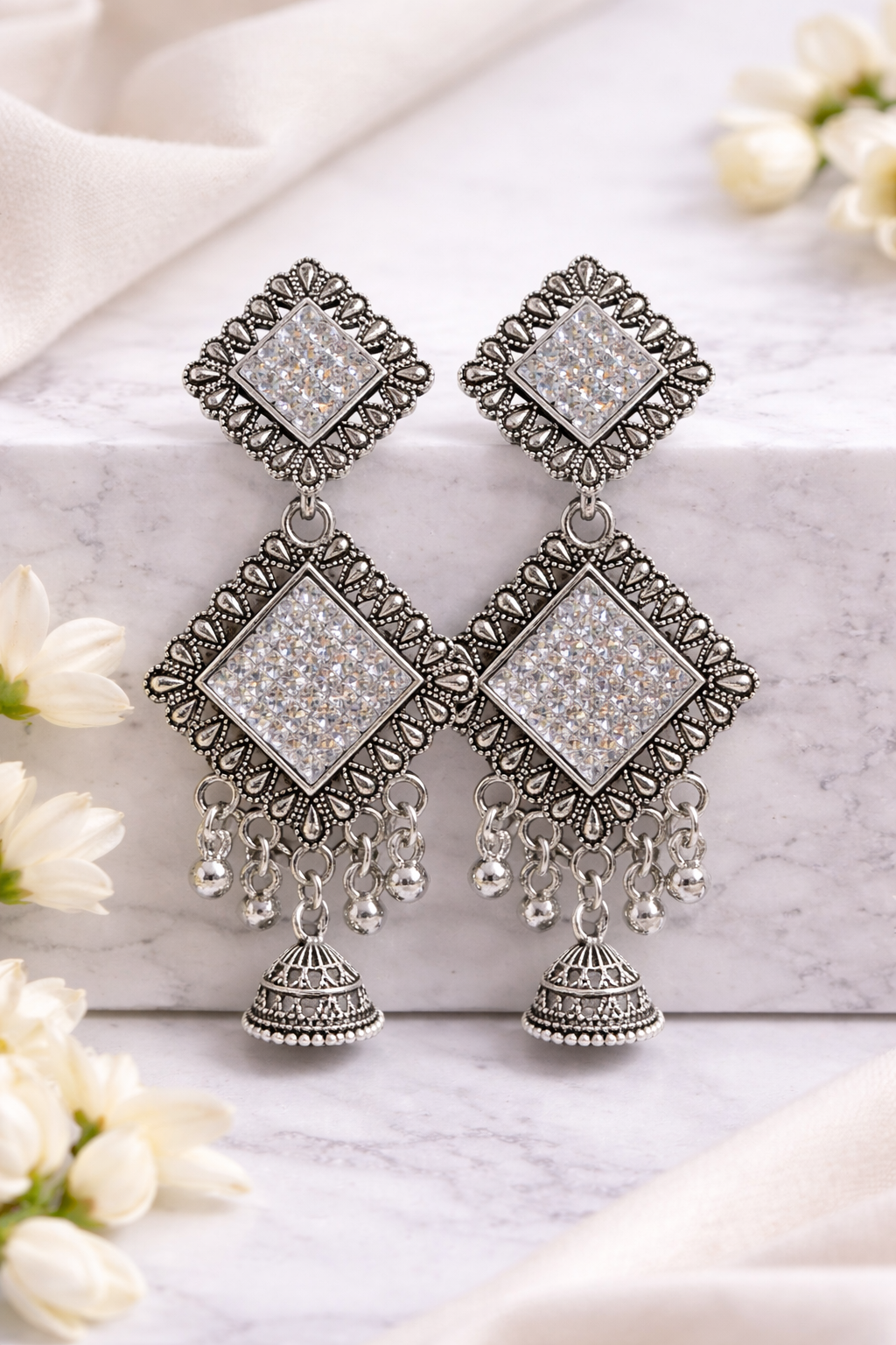 Designer Oxidised Silver Statement Jhumka Earrings with Crystal Stones