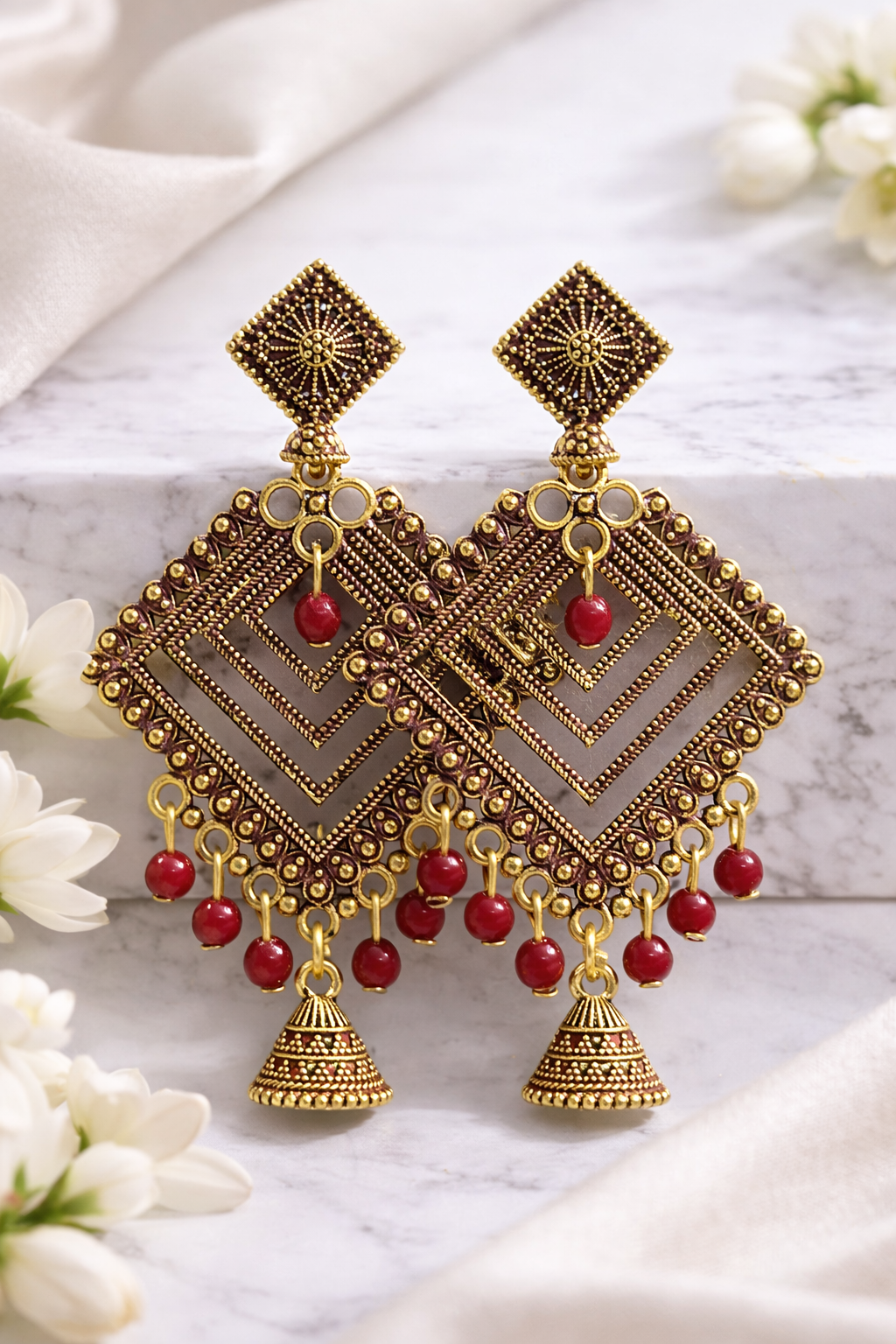 Royal Gold Oxidised Square Jhumka Earrings with Red Beads for Women