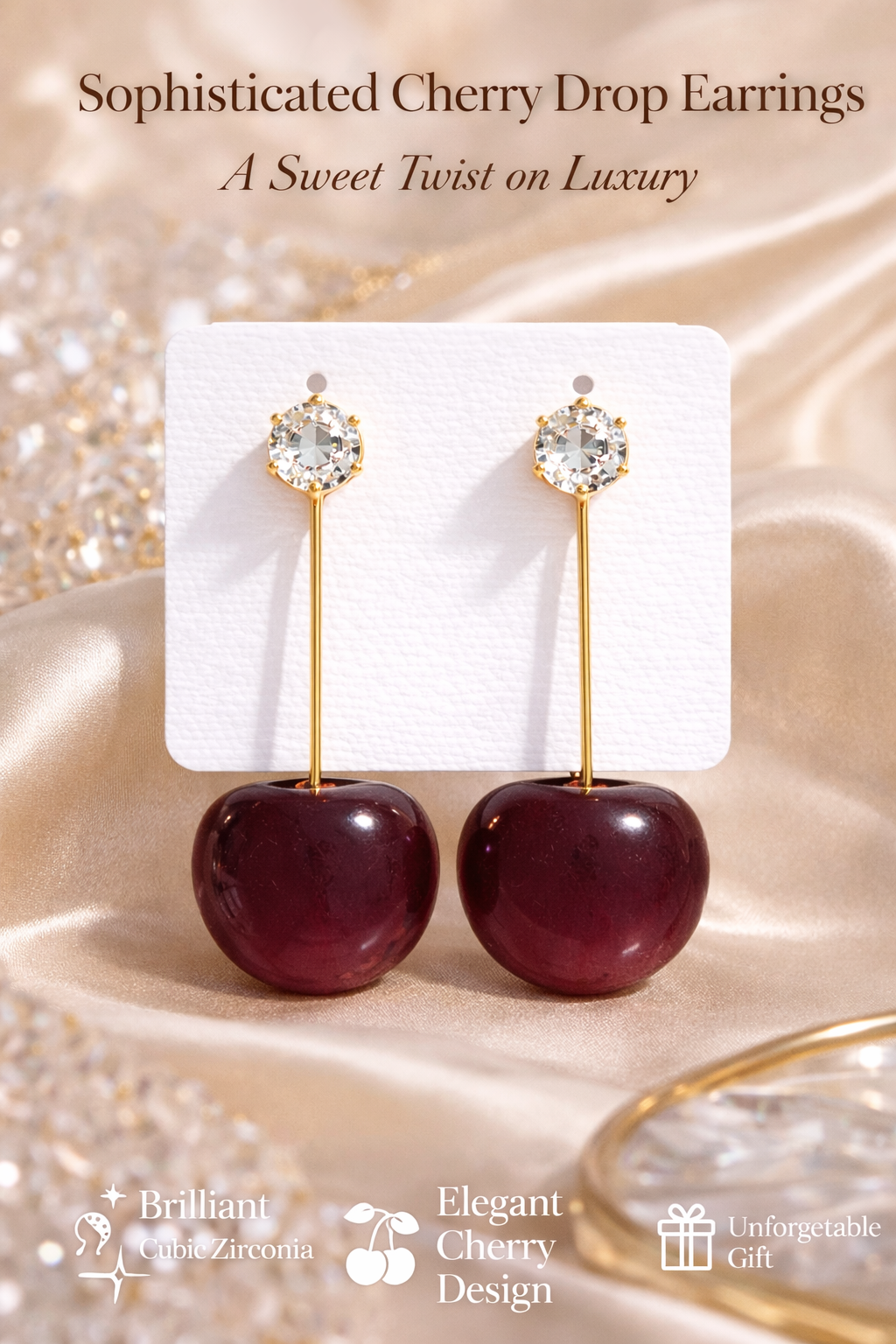 Elegant Cherry Drop Earrings | Gold Tone with Sparkling Zircon