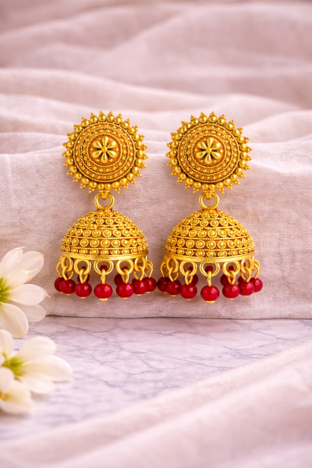 Seevir Royal Temple-Style Gold Plated Jhumka Earrings with Red Bead Accents