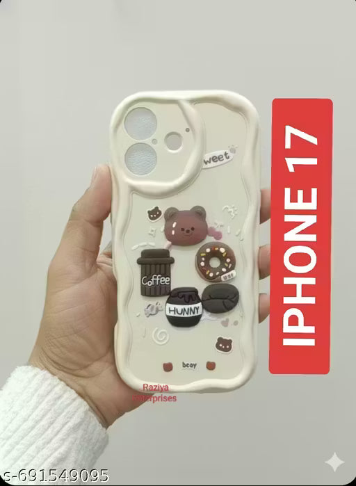 Cute 3D Bear & Coffee Aesthetic Wavy Silicone Case for iPhone 17 – Soft Shockproof Protective Back Cover